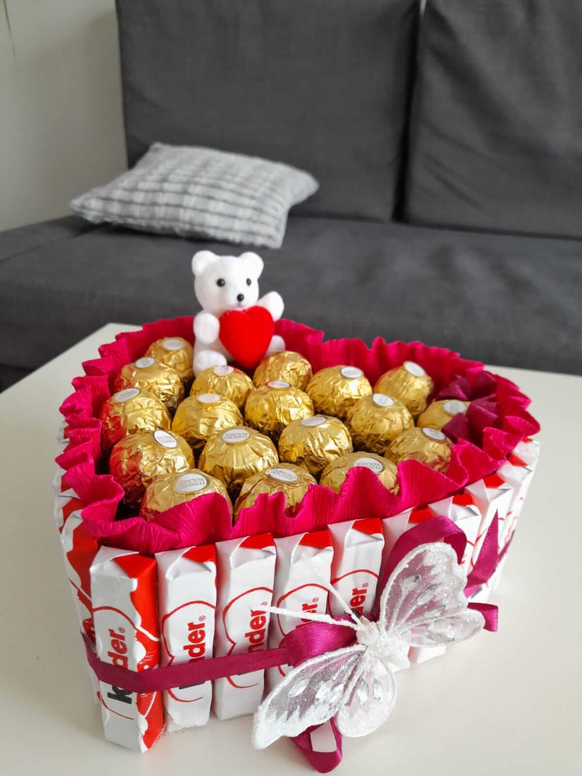 heart from kinder bars filled Ferreo Rocher wtih small white teddy bear