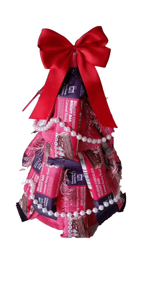 pink-purple Christmas tree with belgian chocolate biscuit bars with beads